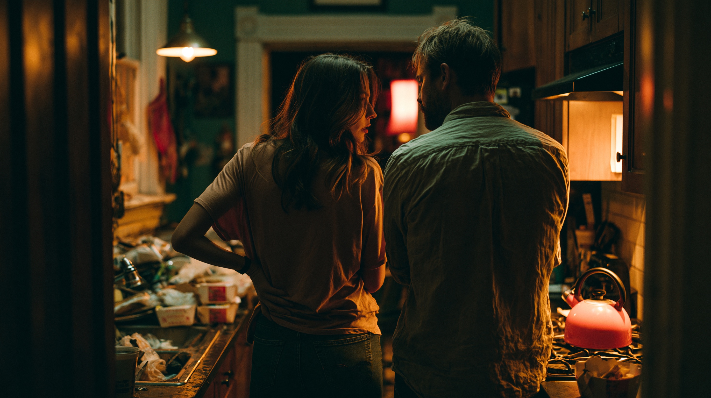 A kitchen at night with dishes stacked in the sink, two people talking