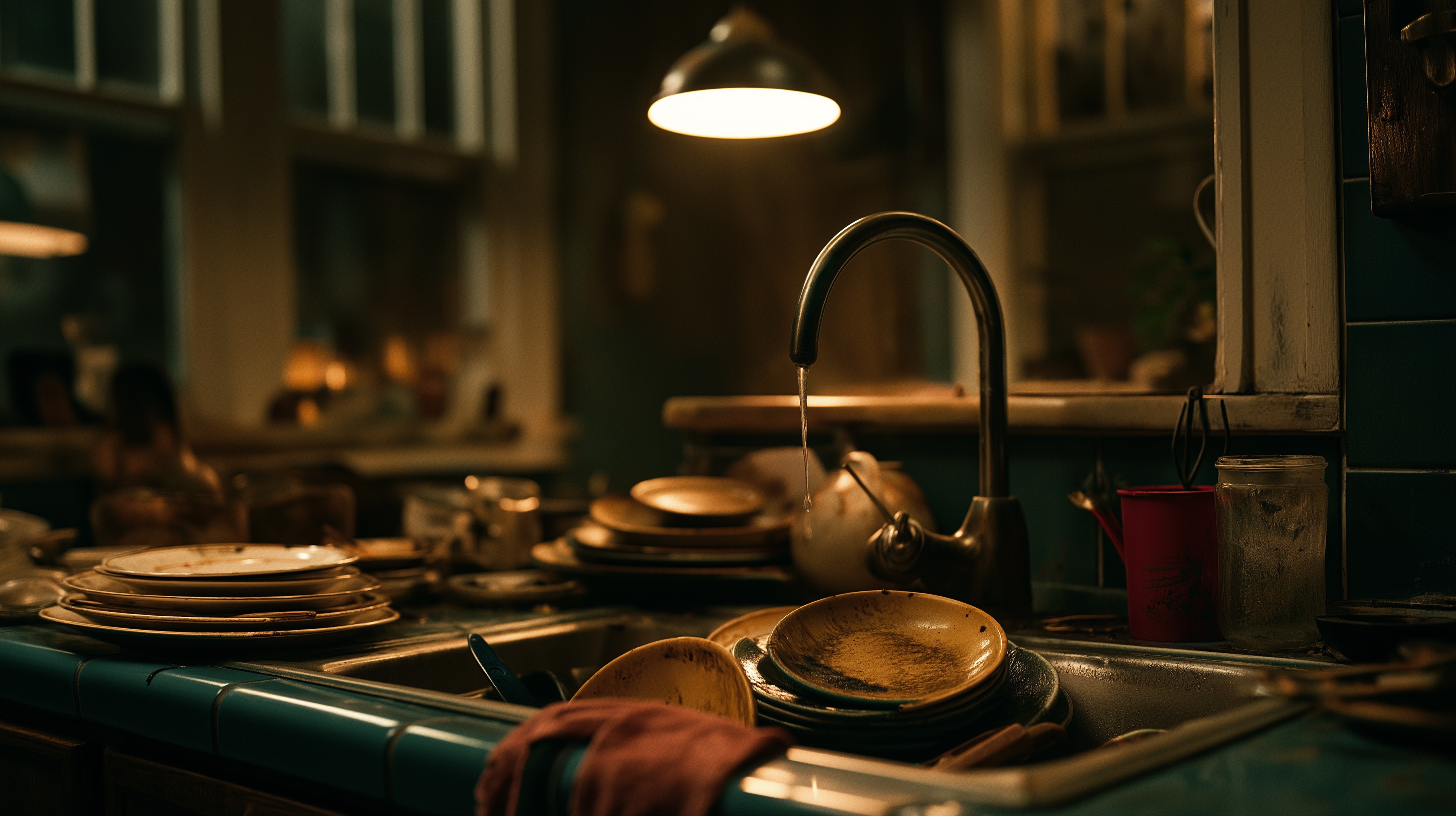 A kitchen sink piled with dirty dishes at night, single dripping tap