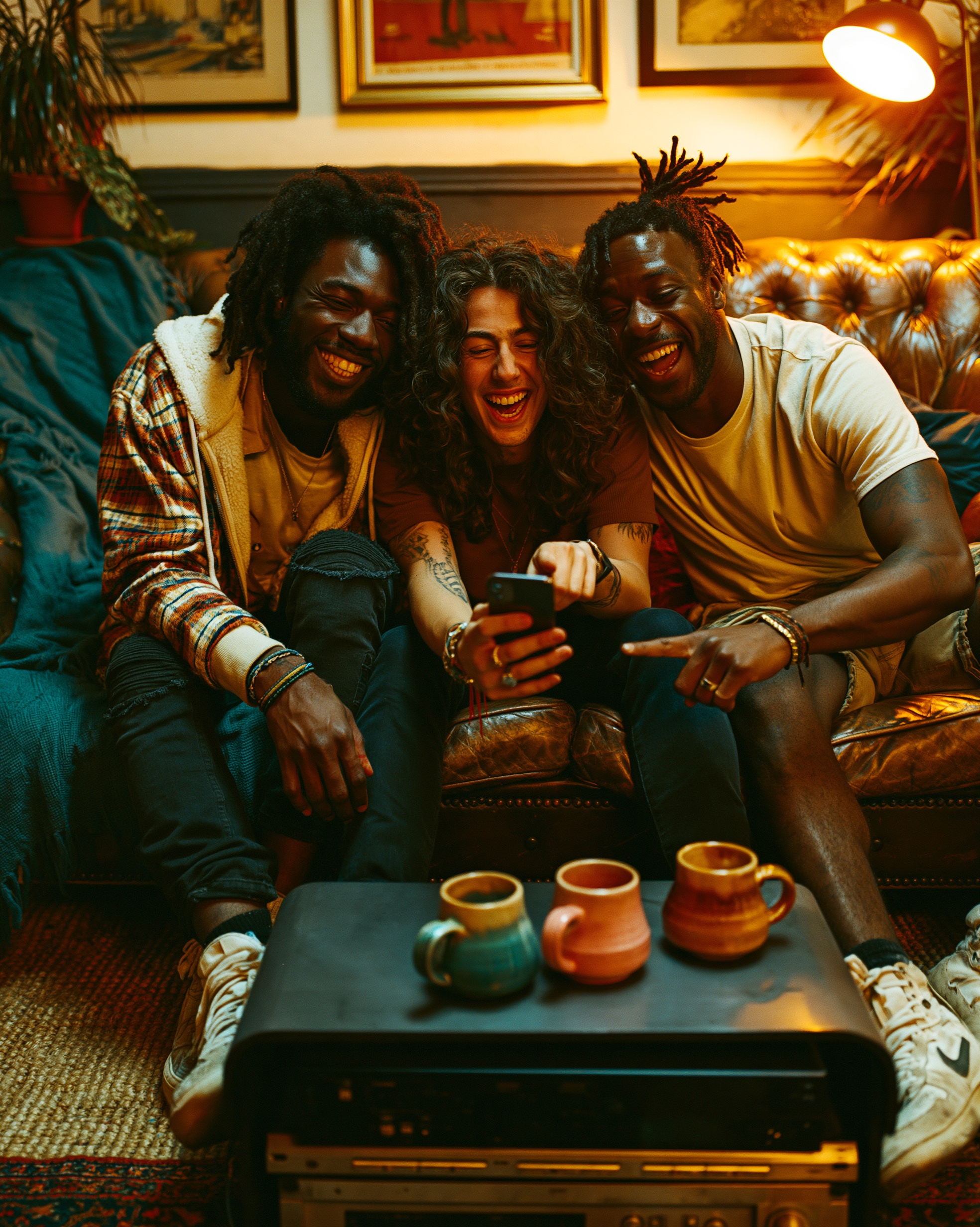 Three roommates sitting on a sofa, looking at a phone together