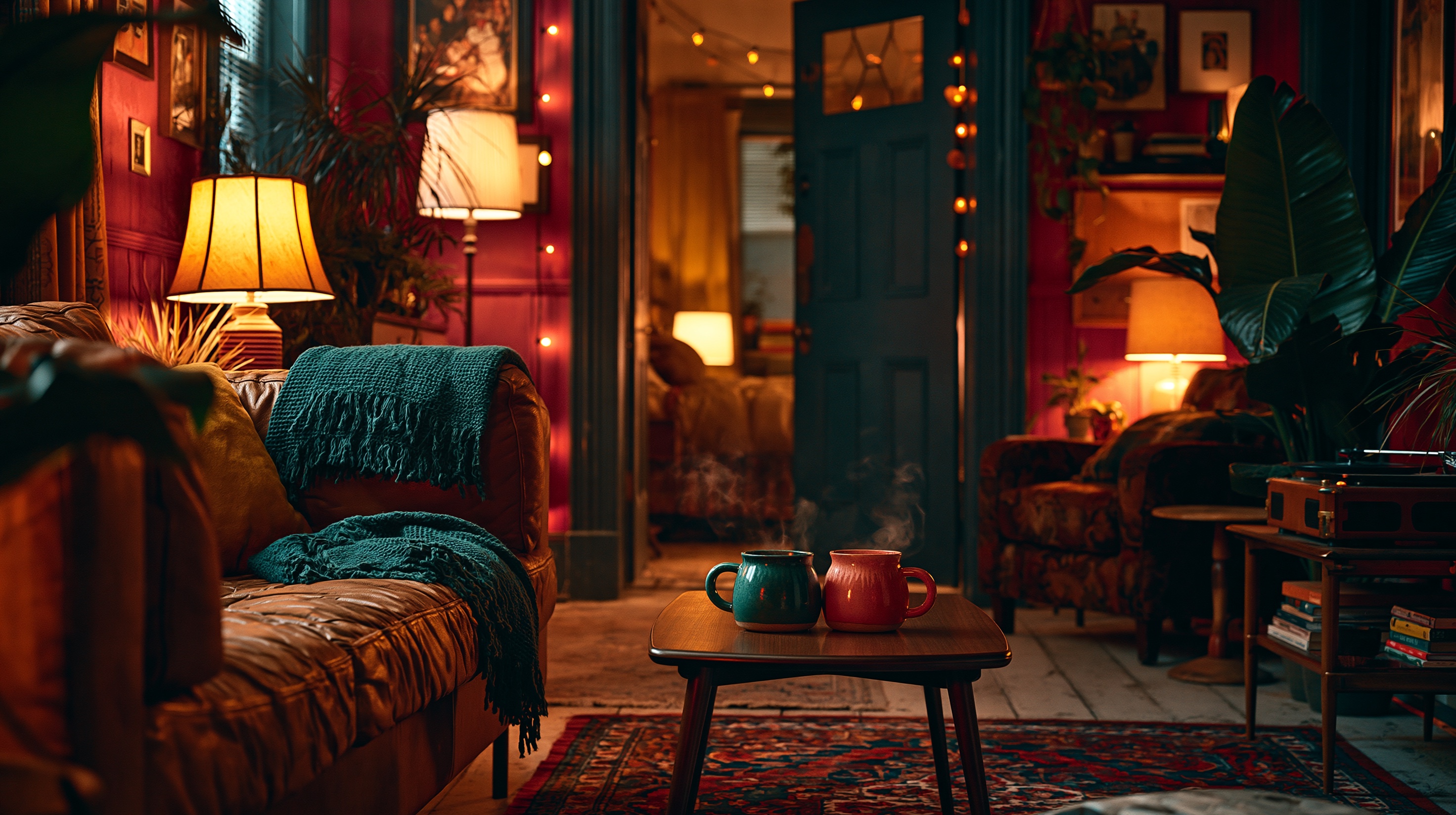 A living room at dusk, lamps lit, two mugs on a table in the foreground