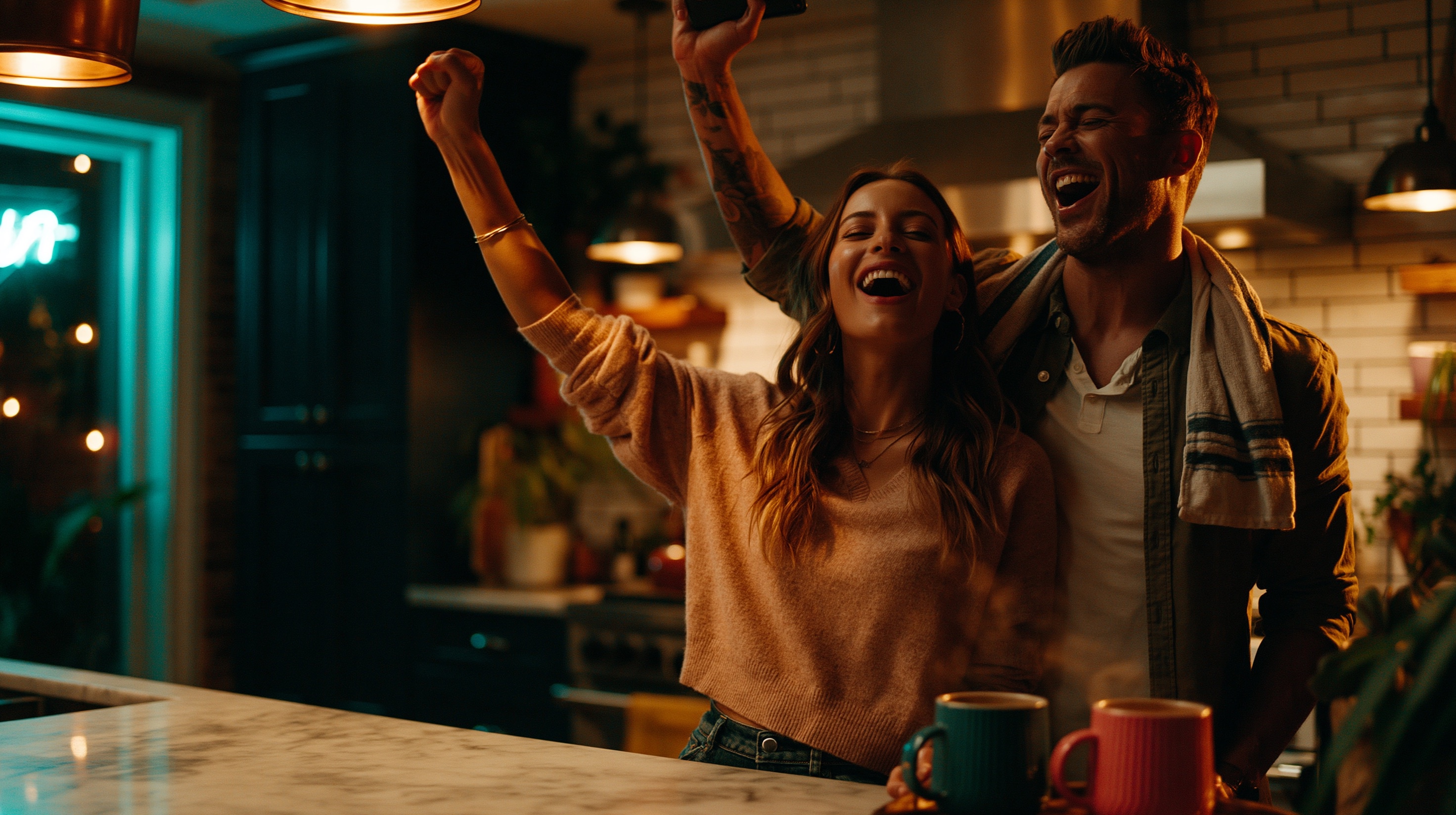 A couple standing in a kitchen at night, one holding up a phone