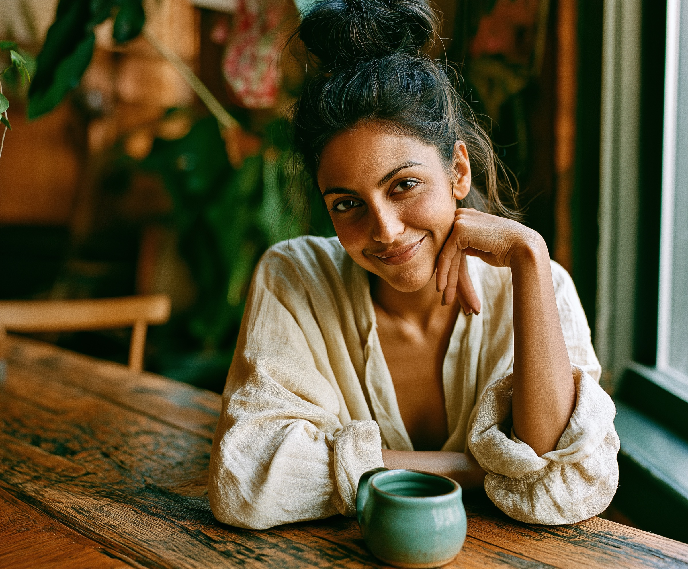 Maya, 34, at home in soft window light