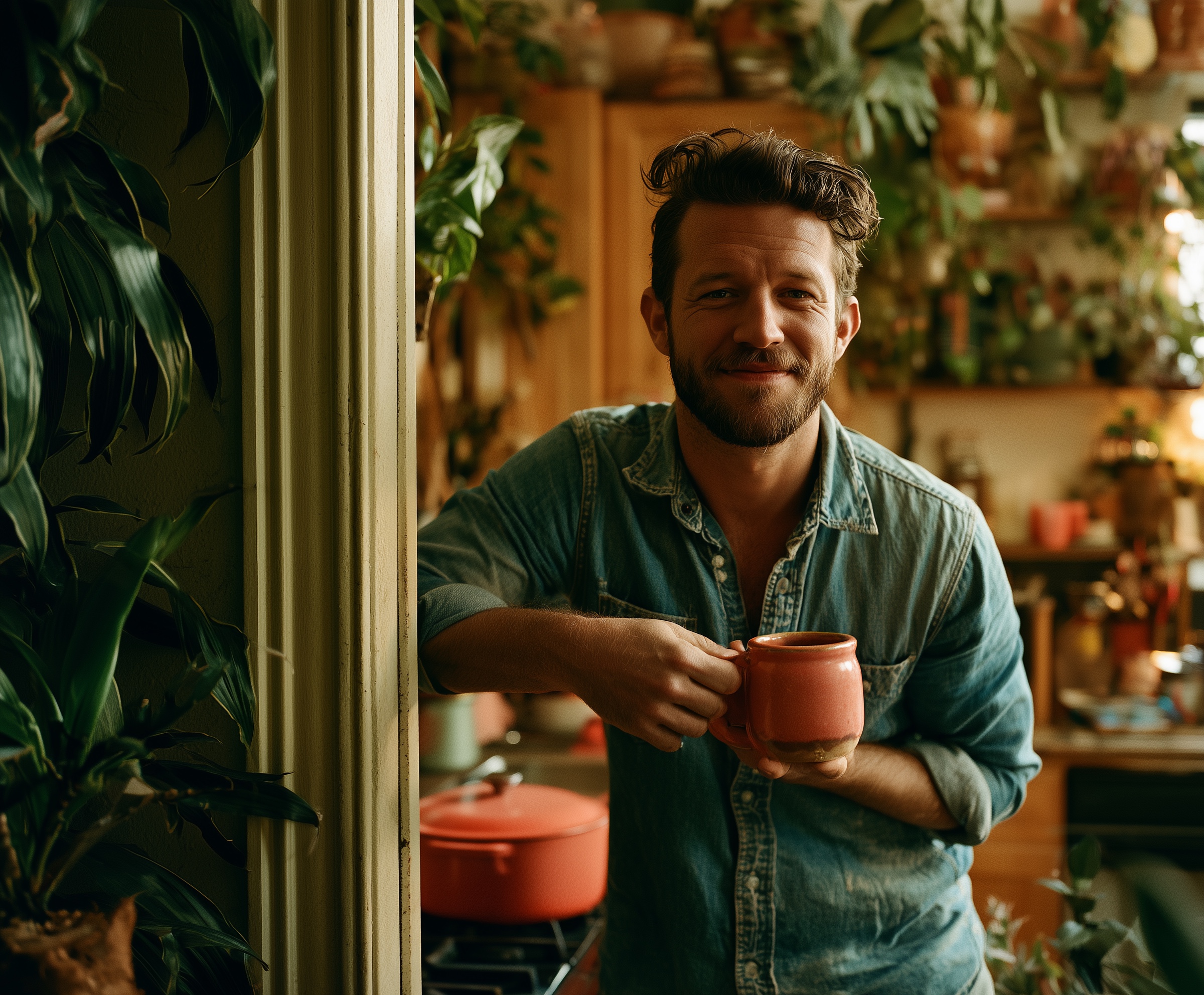 Devon, 29, in a plant-filled apartment kitchen