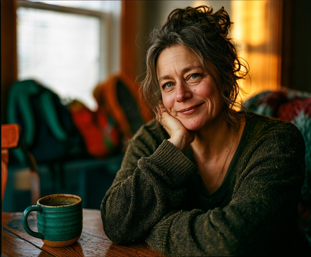 Sandra, 47, relaxed at her dining table