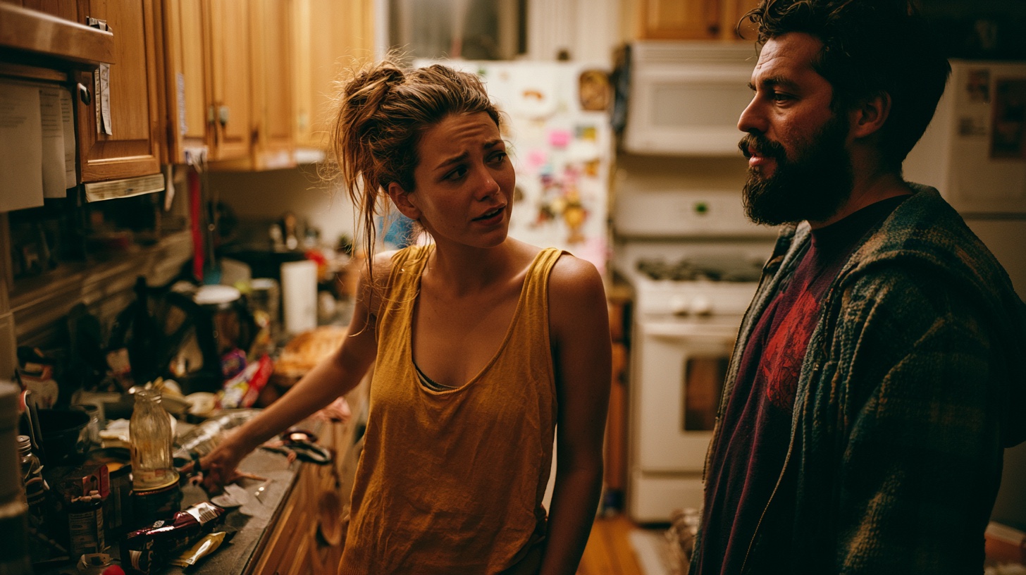 A couple in the same kitchen, each looking at something different