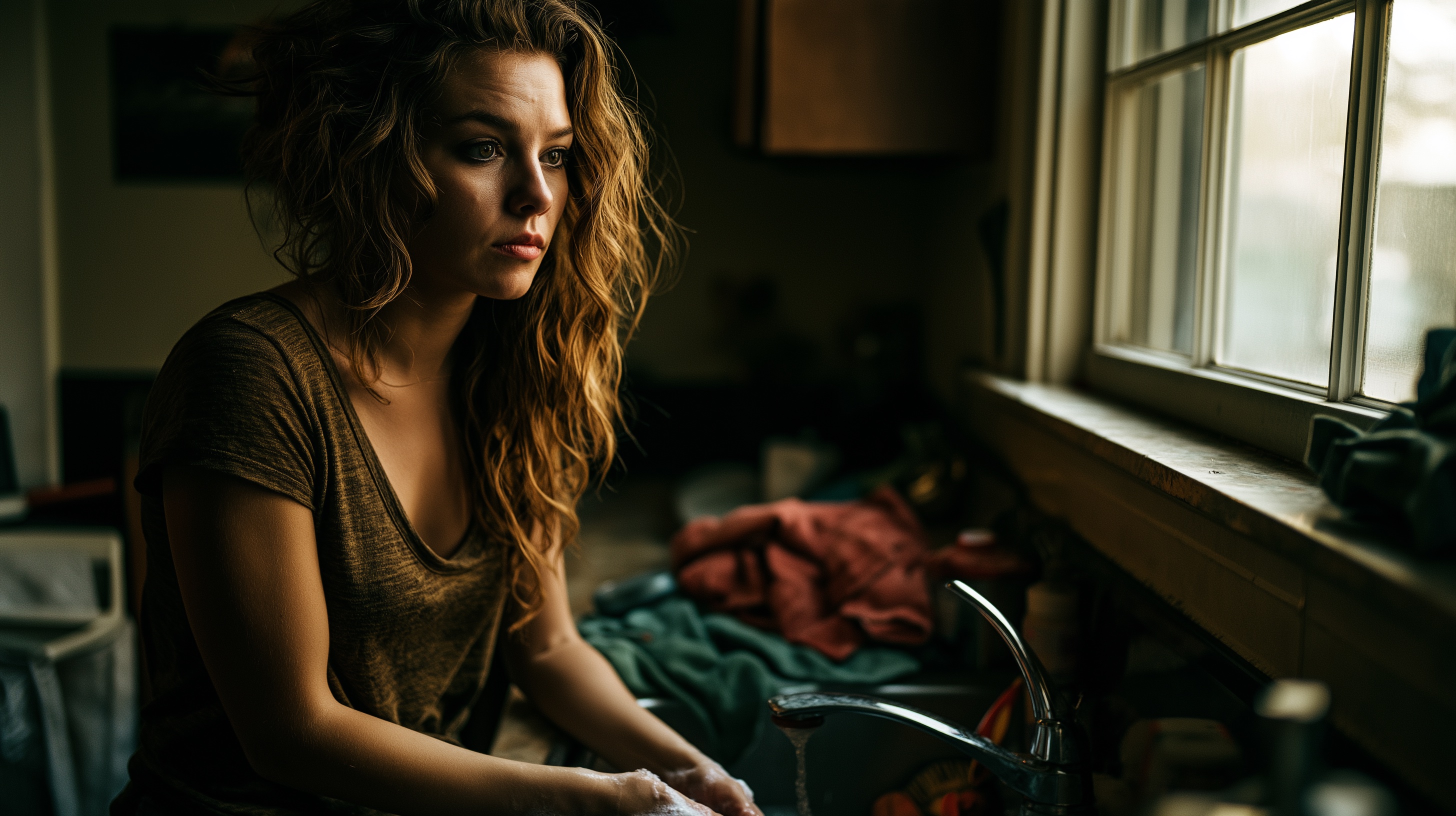 A woman standing at a kitchen sink, pausing mid-task